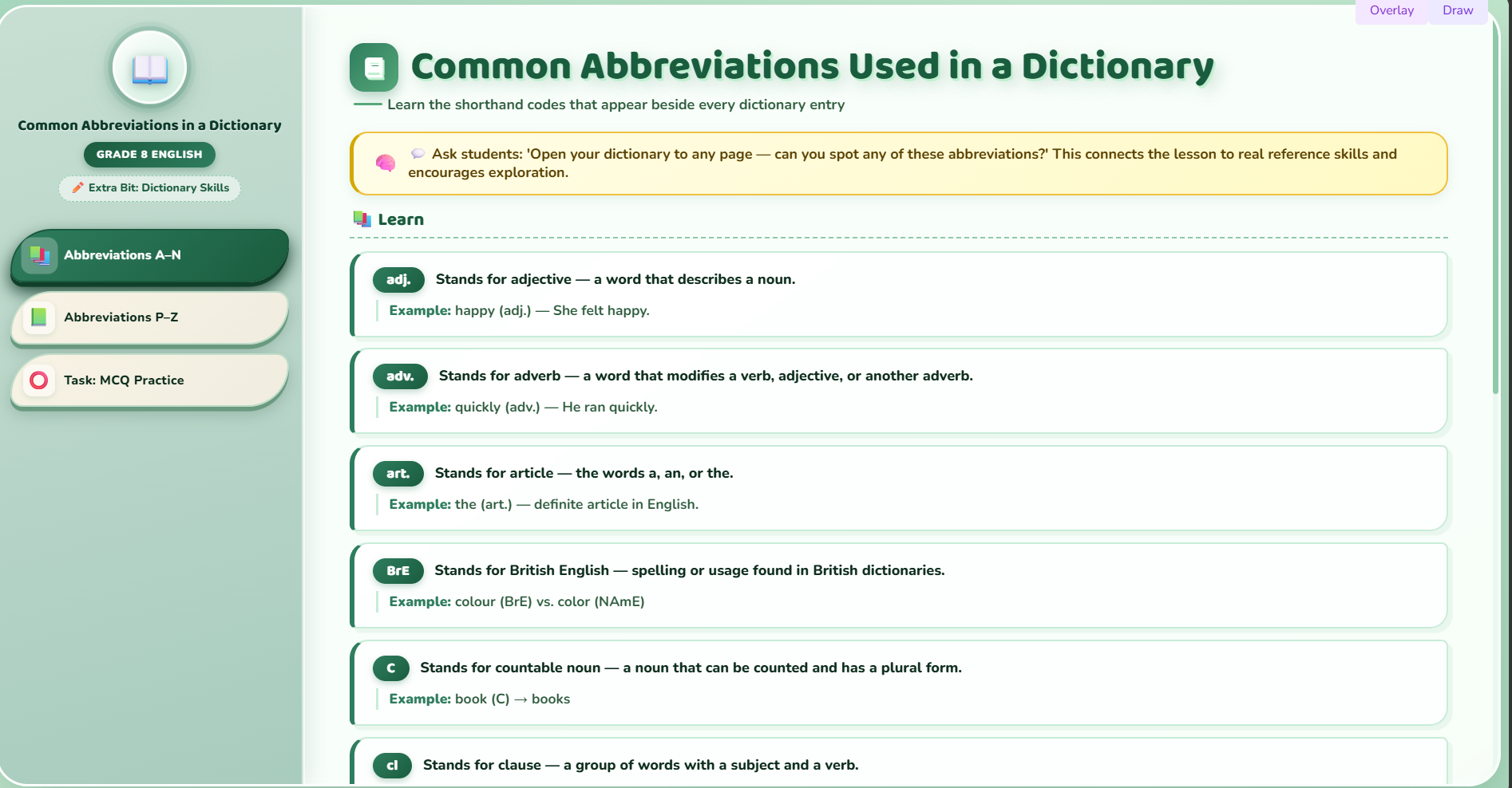 Extra Bit : Common abbreviations used in a dictionary
