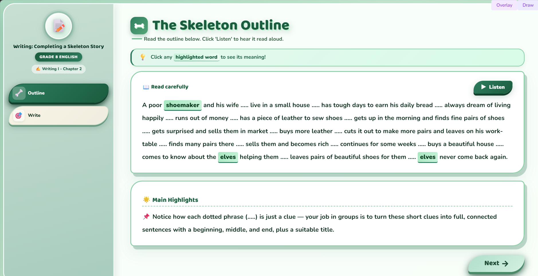 Writing I: Completing a skeleton story