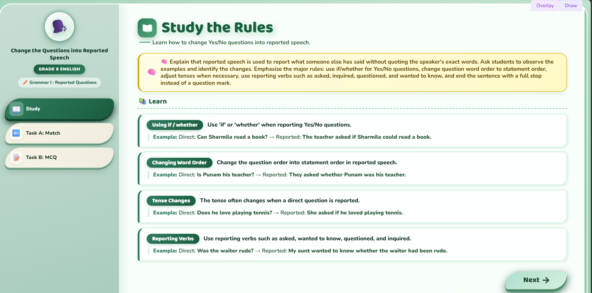 Grammar I : Change the questions into reported speech.