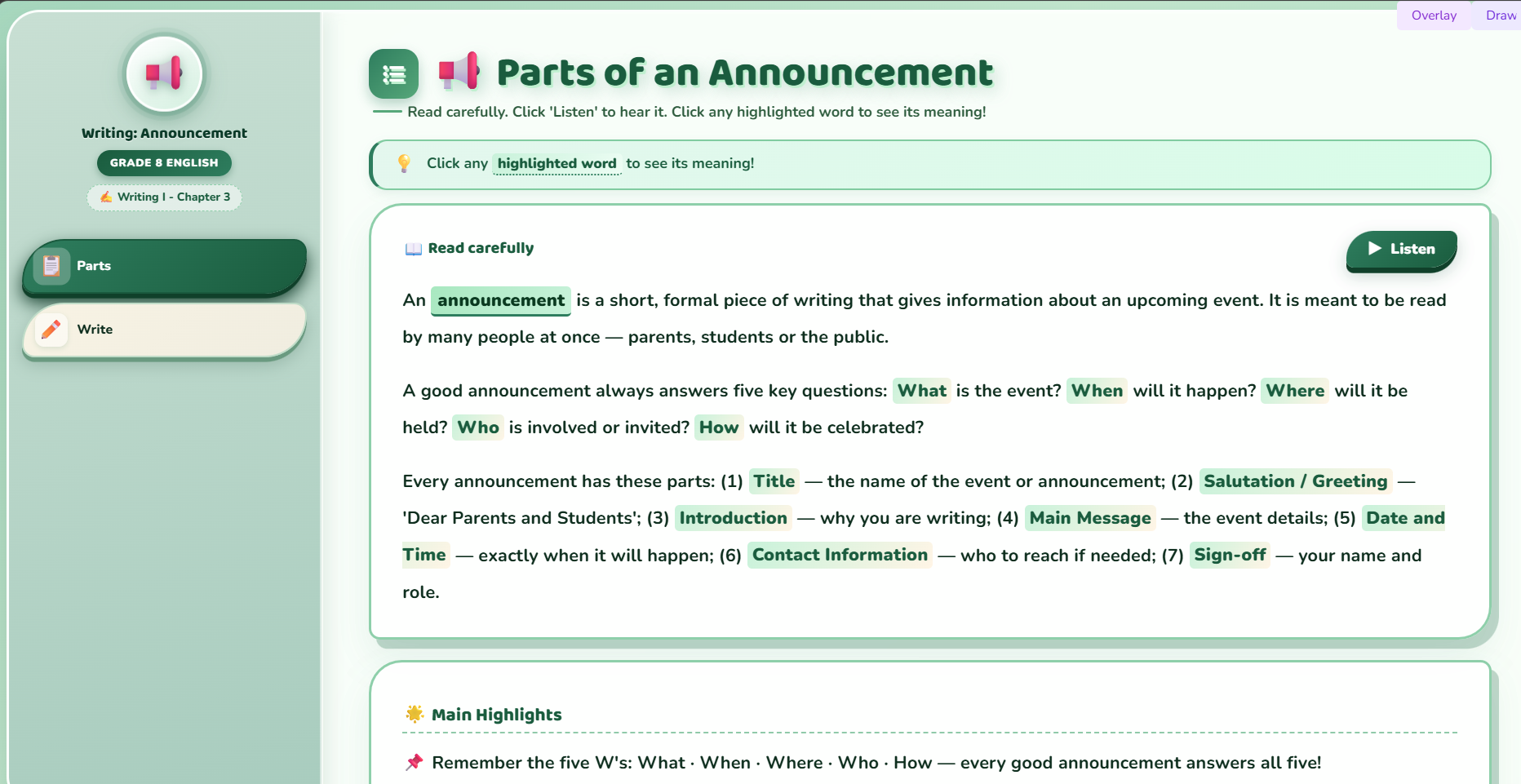 Writing : announcement including what, when, where, who and how