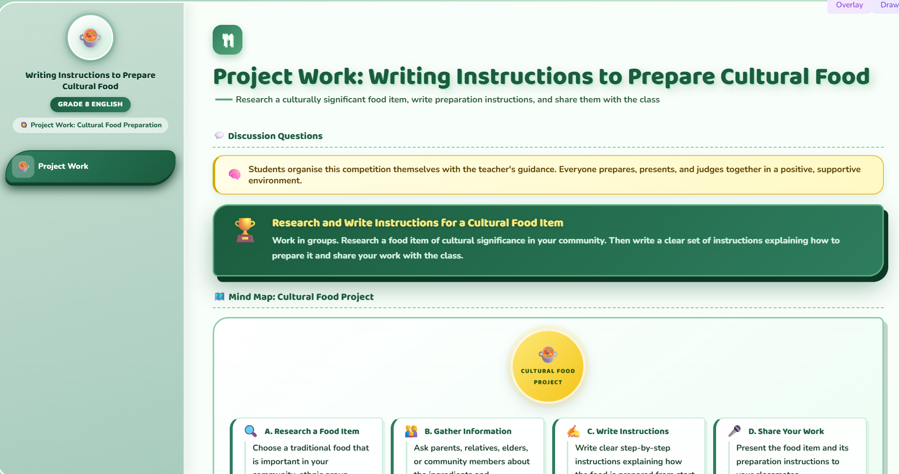 Project work : Writing instructions to prepare cultural food.