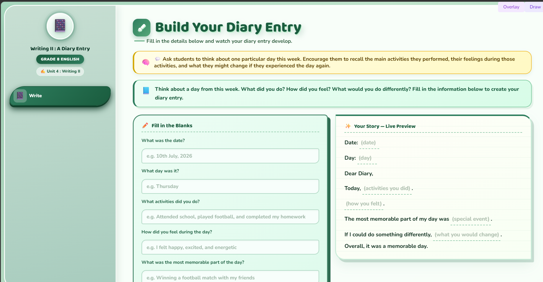 Writing II : a diary entry based on the given clues.