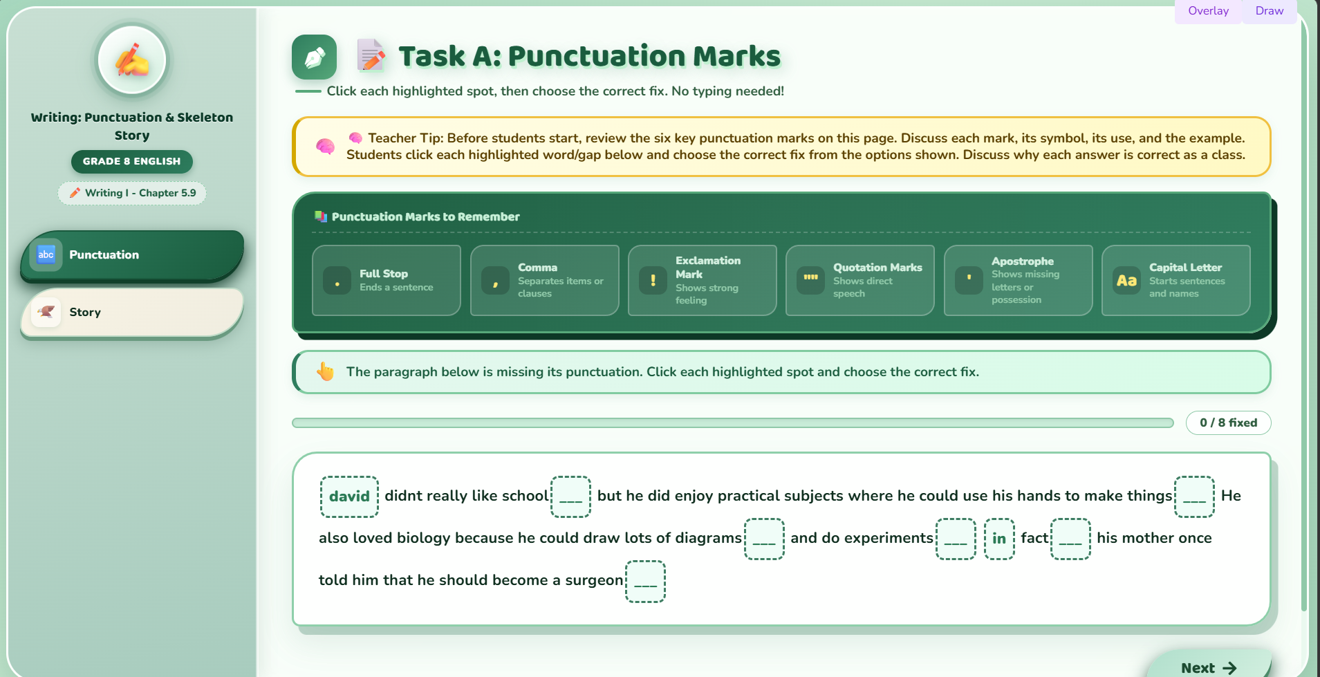 Writing: Punctuation and completing a skeleton story
