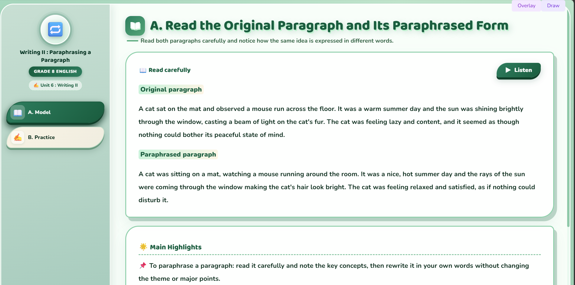 Writing II : Writing paraphrased form of given paragraph.