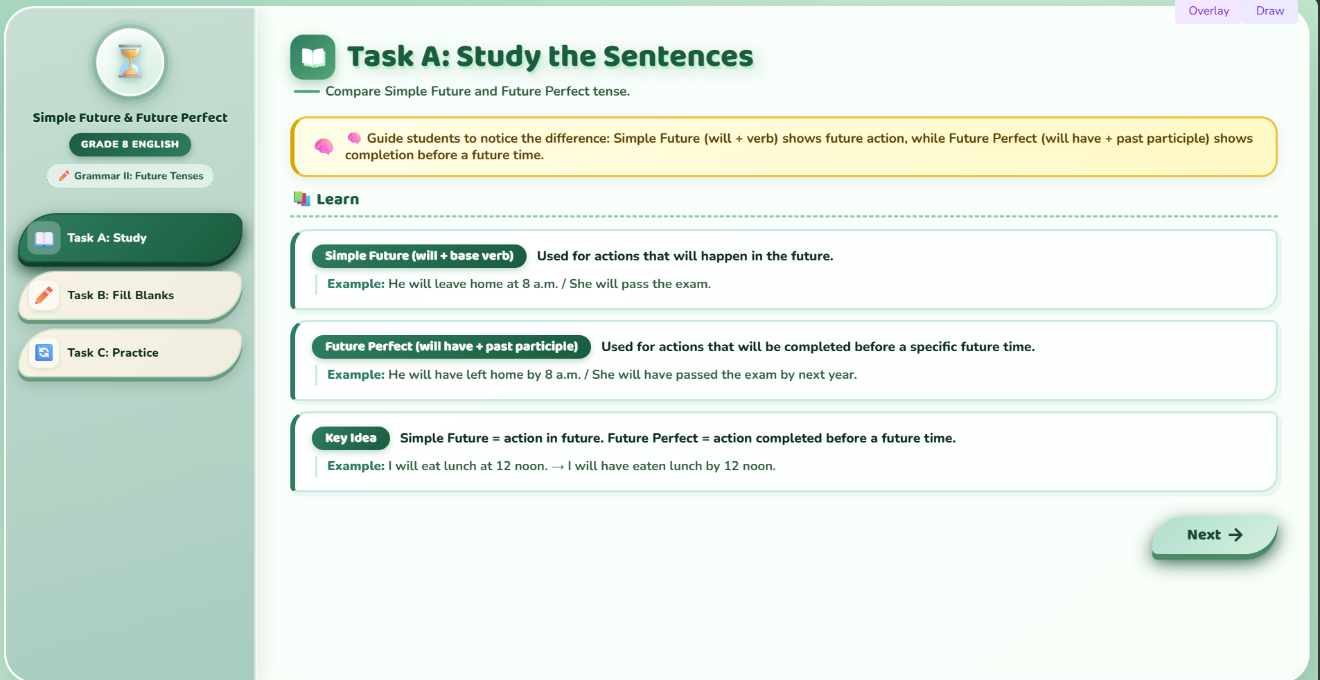Grammar II : simple future or future perfect tense.