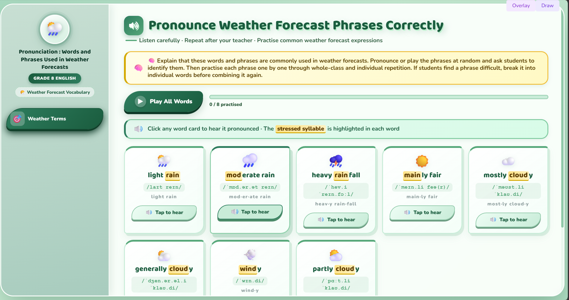 Pronunciation : words and phrases used in weather forecasts