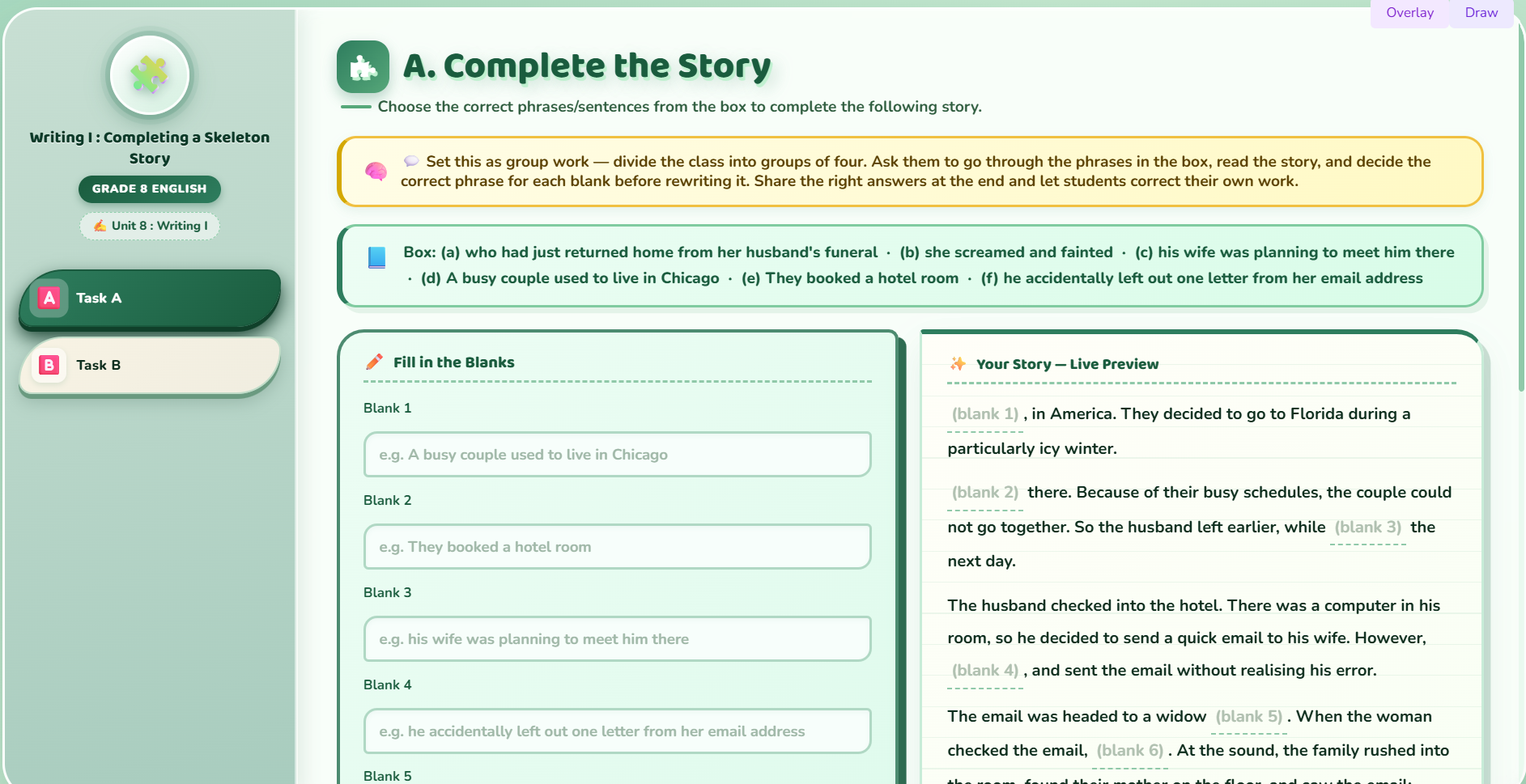 Writing I: Completing a skeleton story