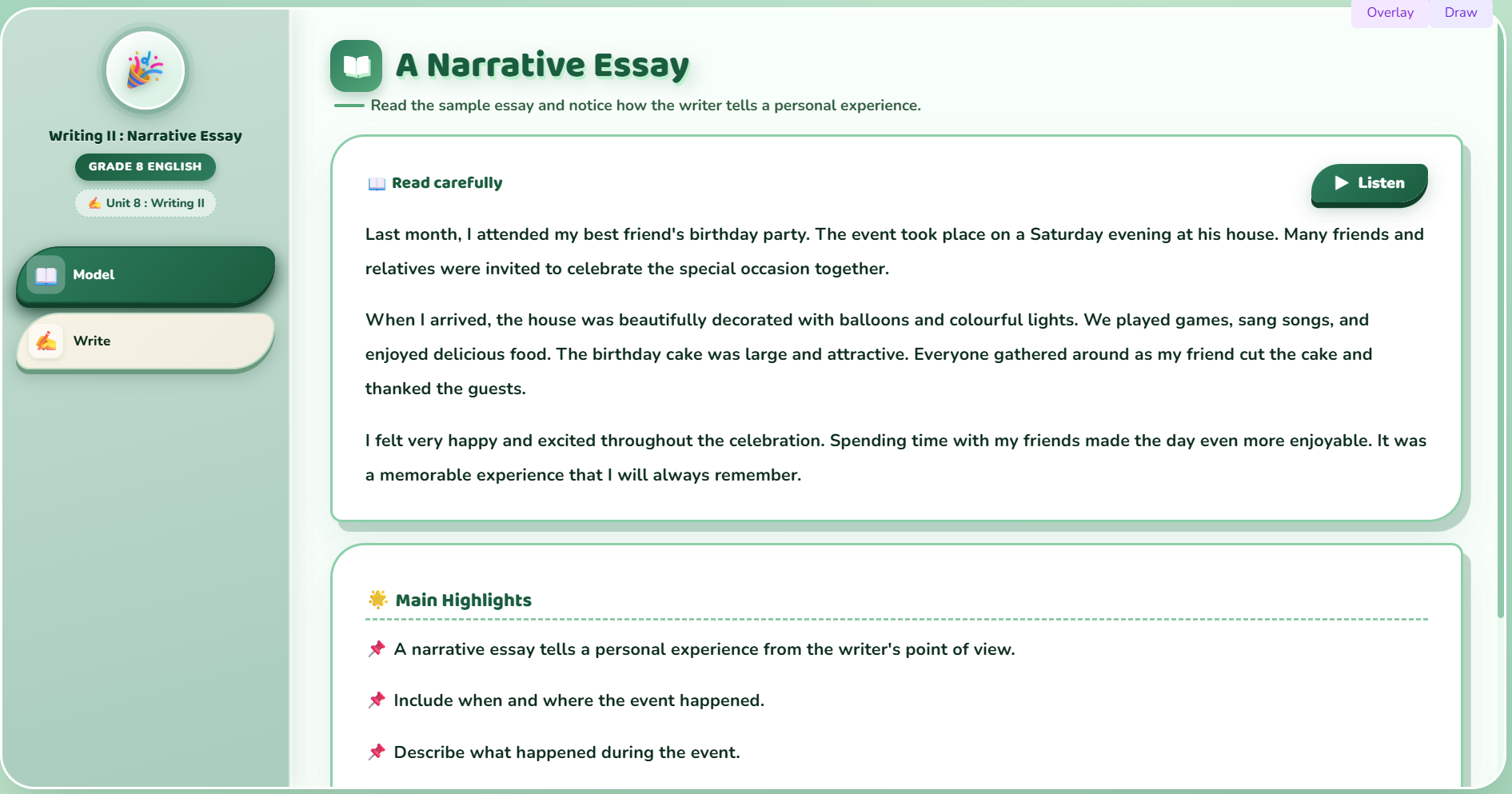 Writing II: Writing a narrative essay