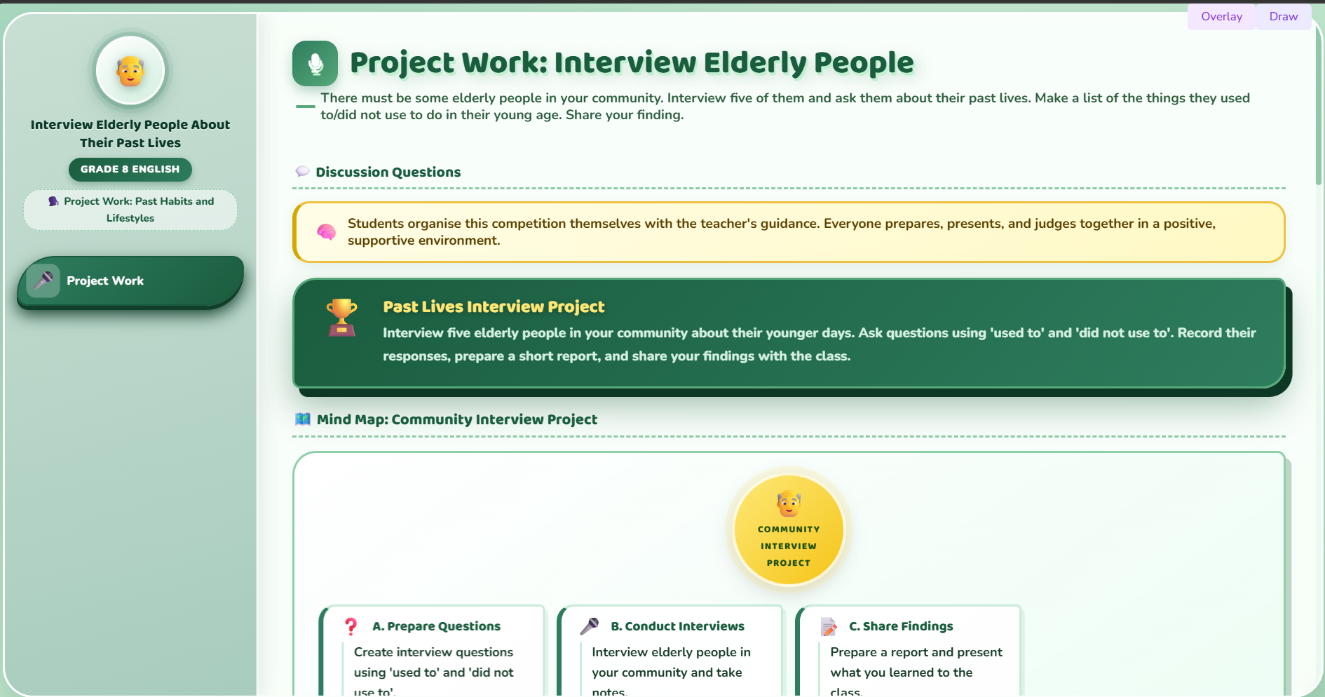 Project work : Take interview of elderly people about their past lives.