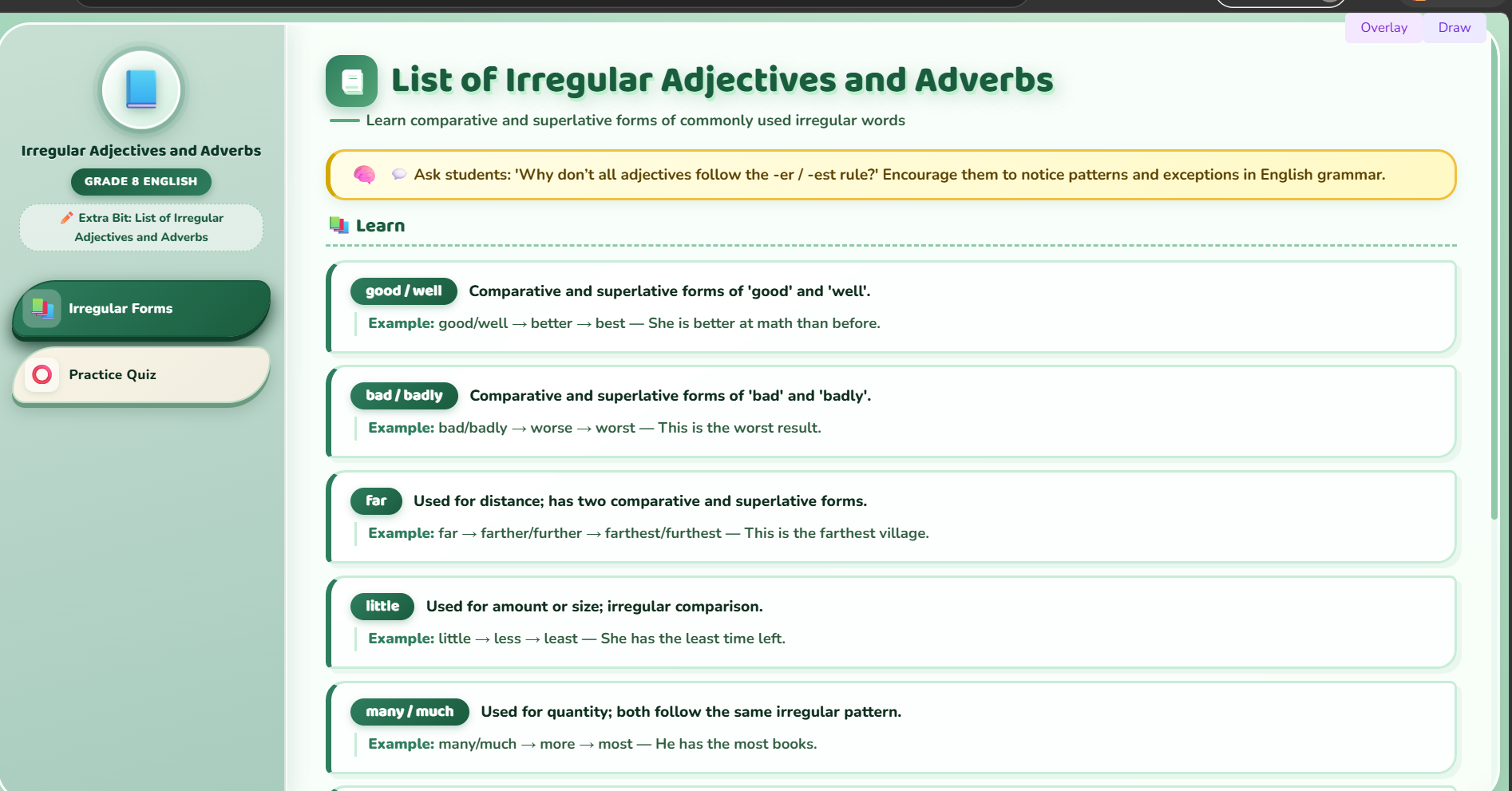 Extra bit : List of irregular adjectives and adverbs