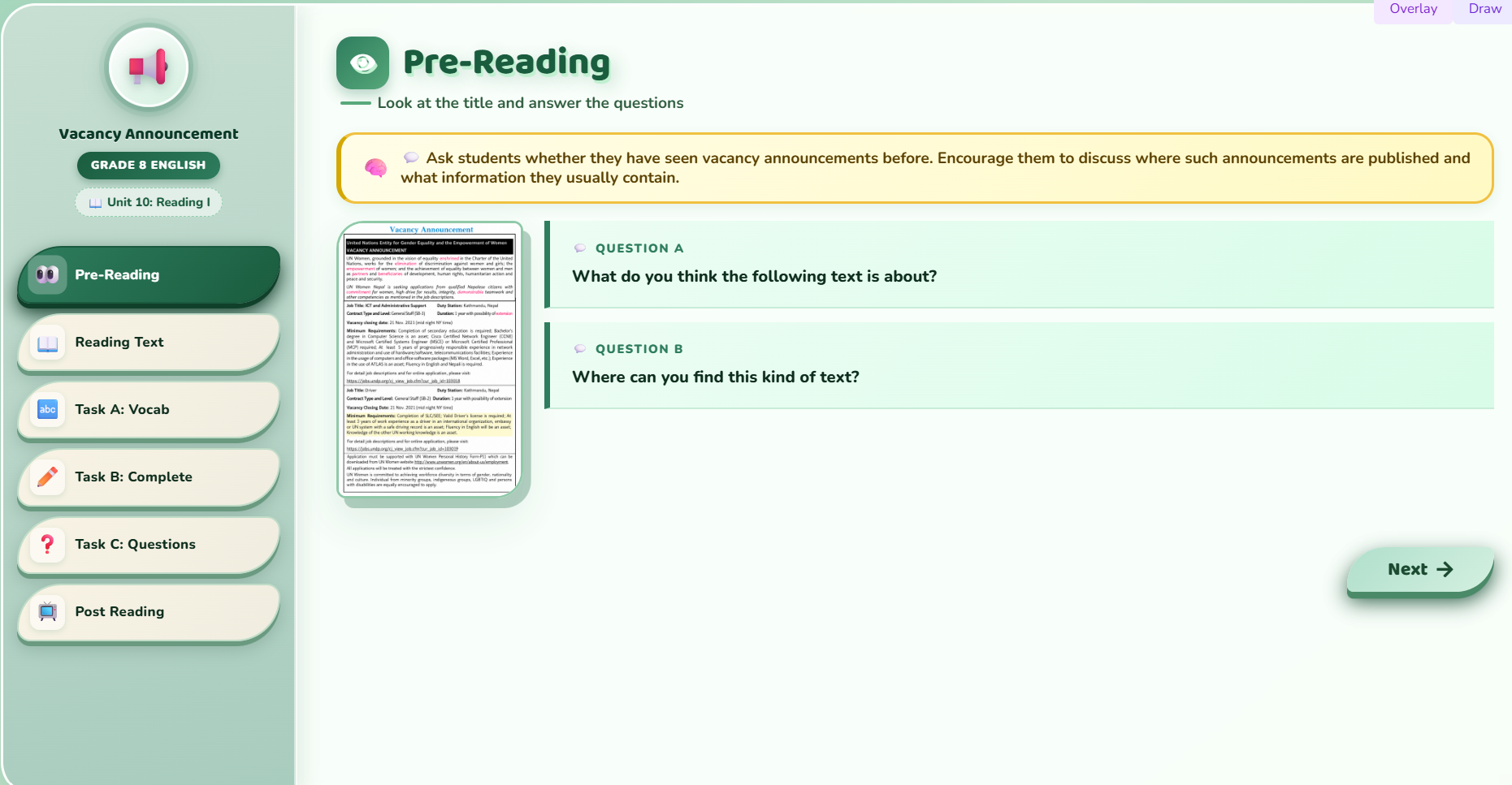 Reading I: Vacancy Announcement