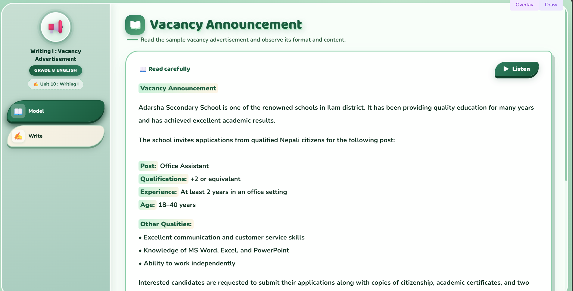 Writing I : Prepare a vacancy advertisement