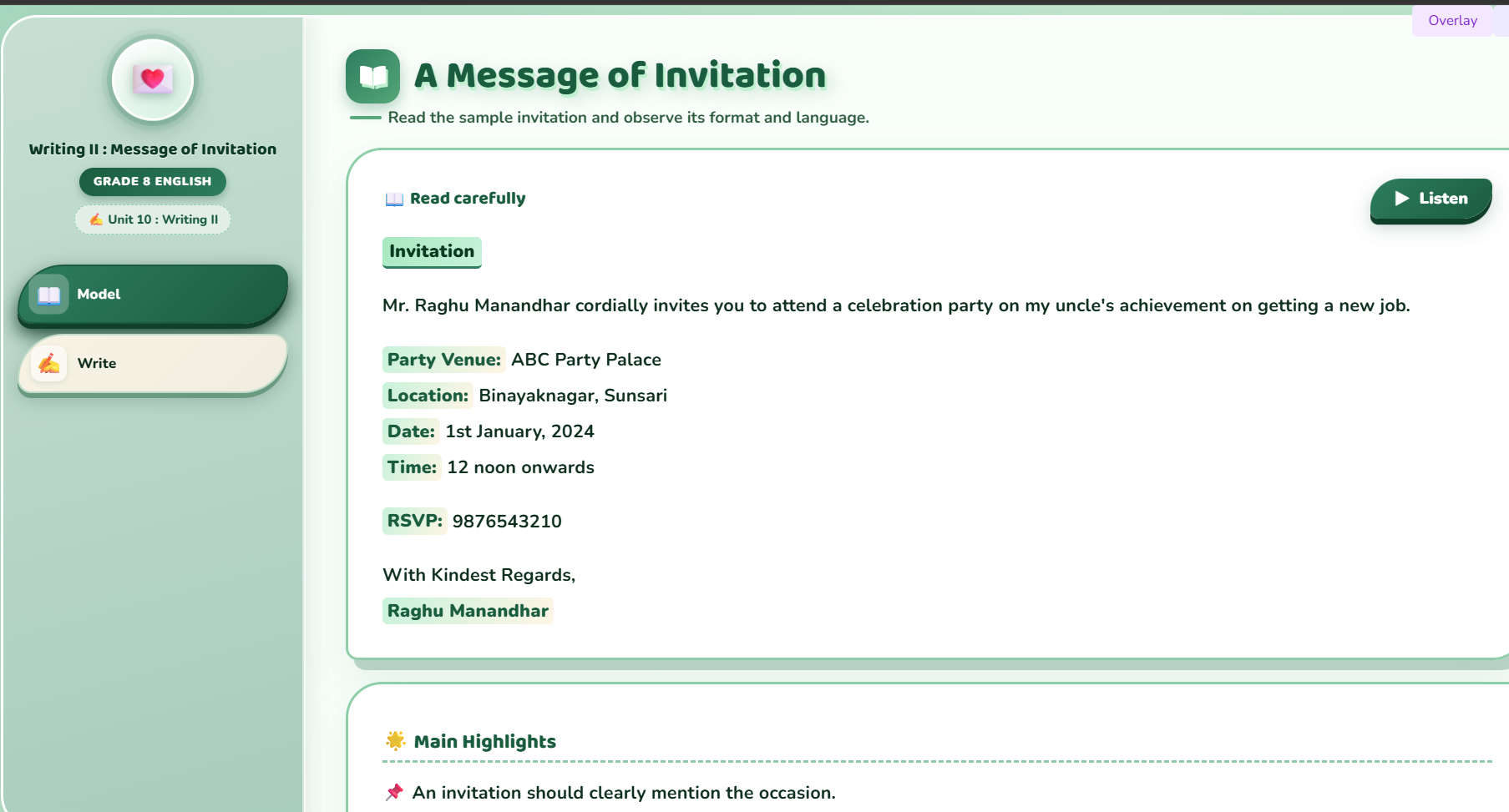 Writing II : Write a message of invitation to a friend.
