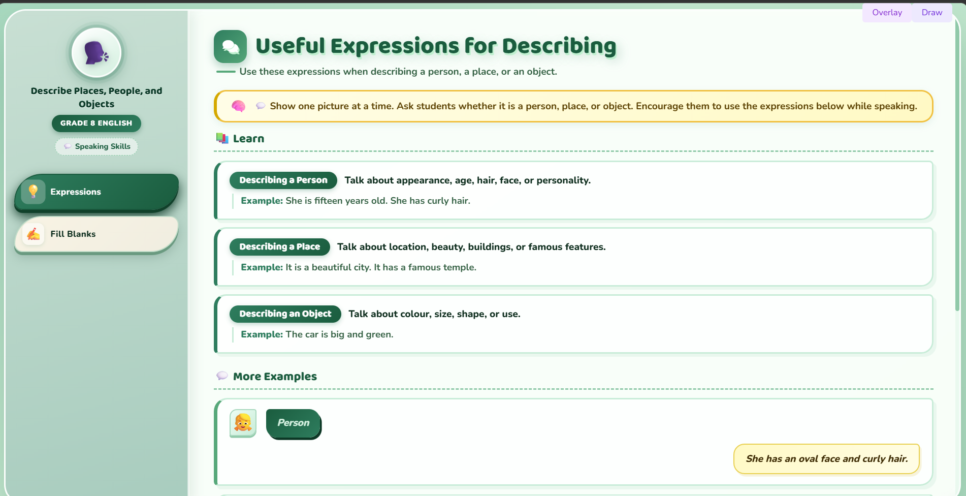 Speaking : Describe places, people, and objects