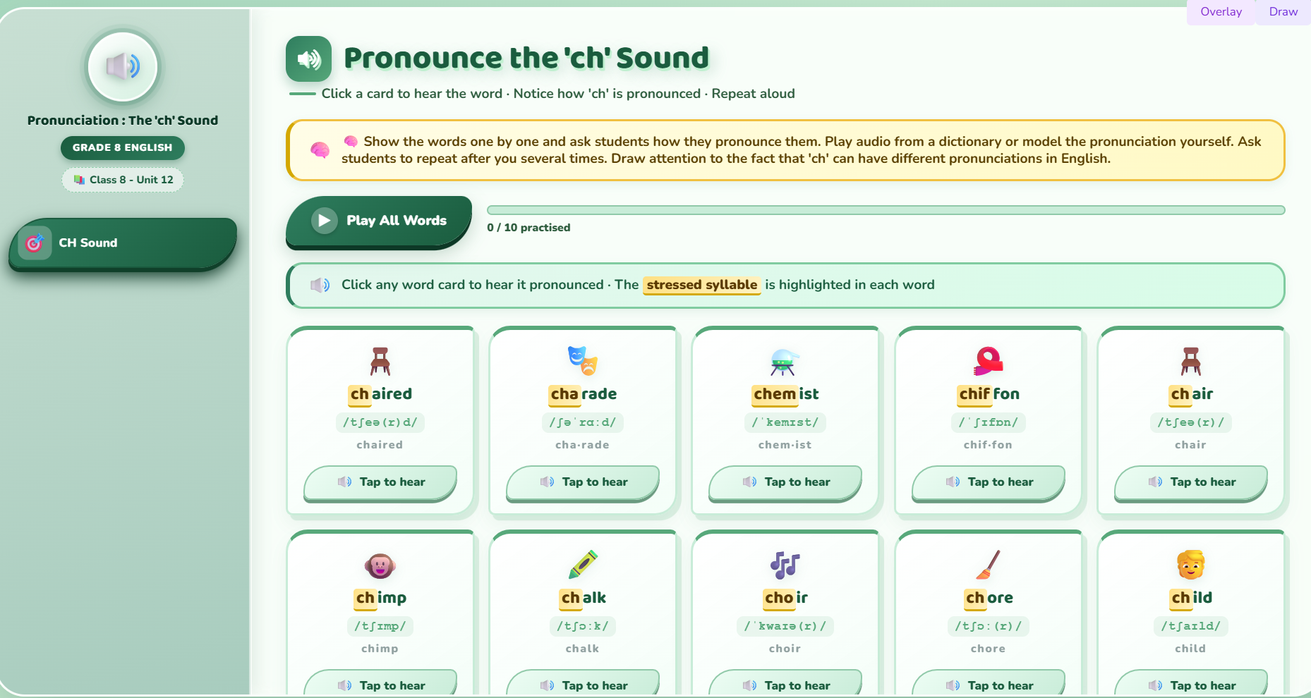 Pronunciation : pronunciation of ‘ch’ in different words.