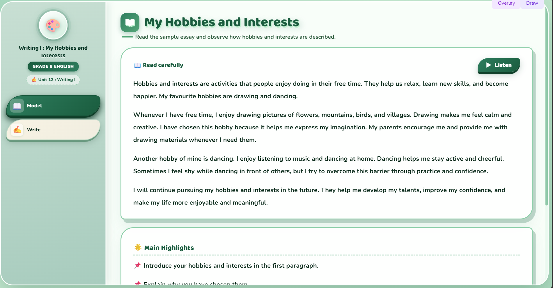 Writing : an essay on 'My Hobbies and Interests'