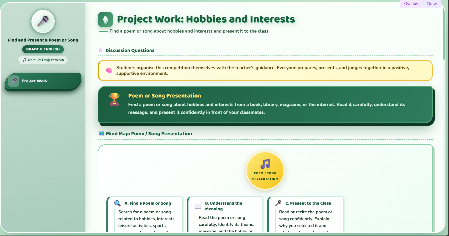 Project work :  poem/song about hobbies and interests