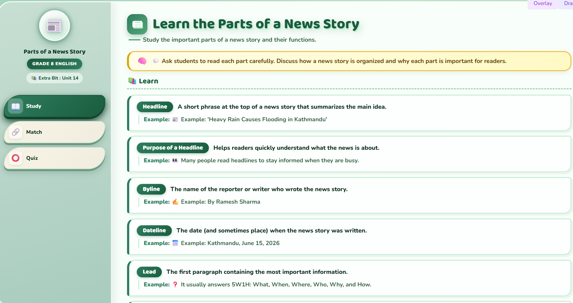 Extra bit : Learn the parts of a news story.