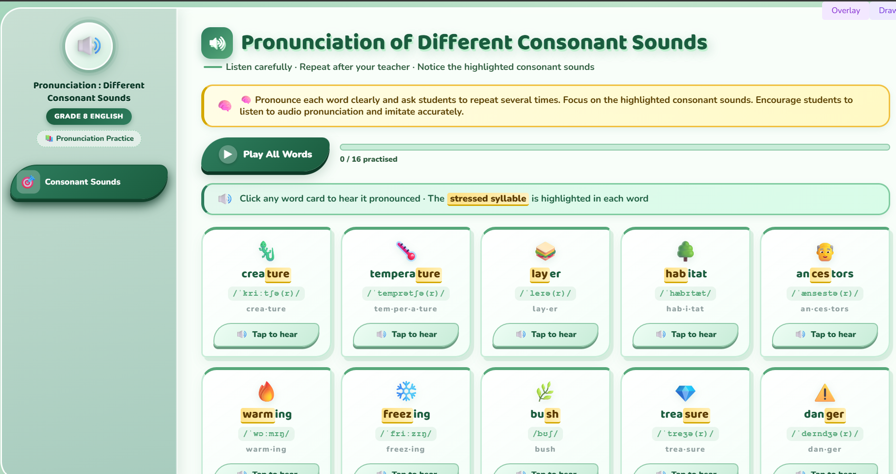 Pronunciation : pronunciation of different consonant sounds.
