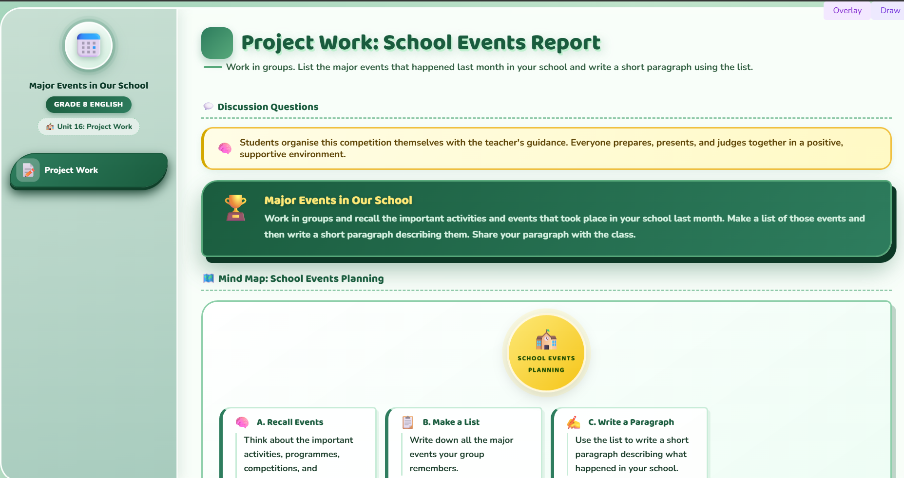 Project work : paragraph on the major events happened in the school.