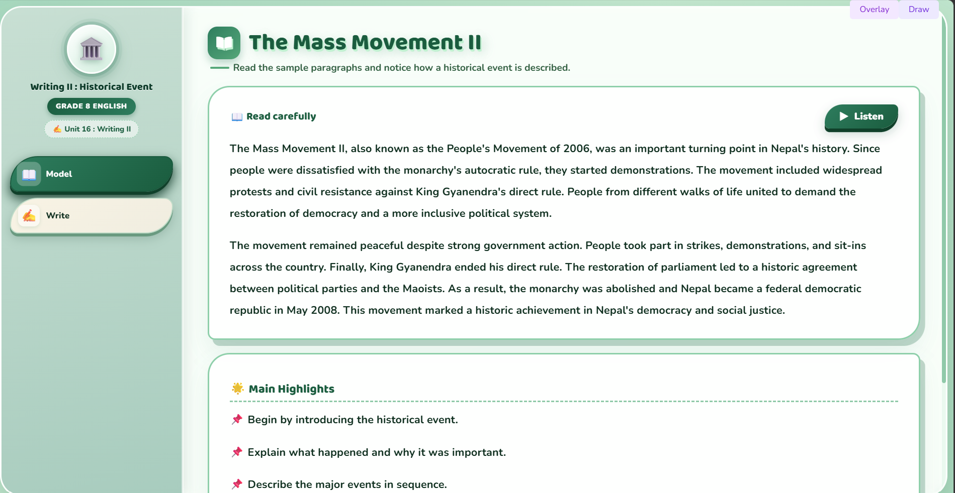 Writing II : paragraphs about one of the historical events.