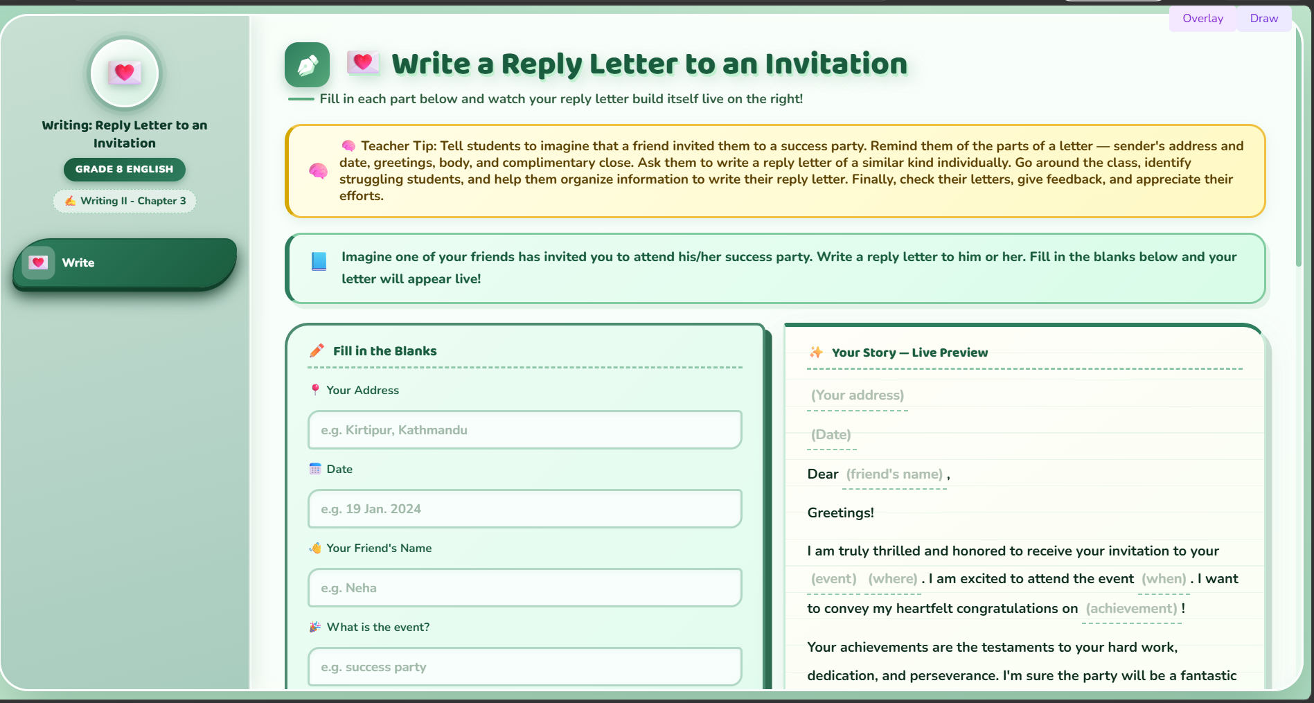 Writing II: Writing a reply letter to an invitation