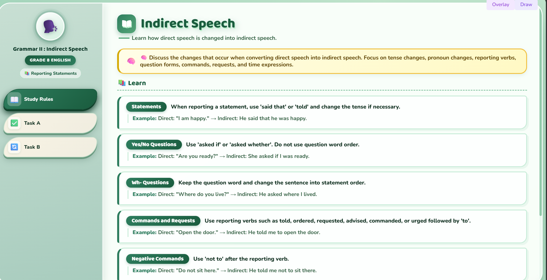 Grammar II : Change the given sentences into indirect speech.