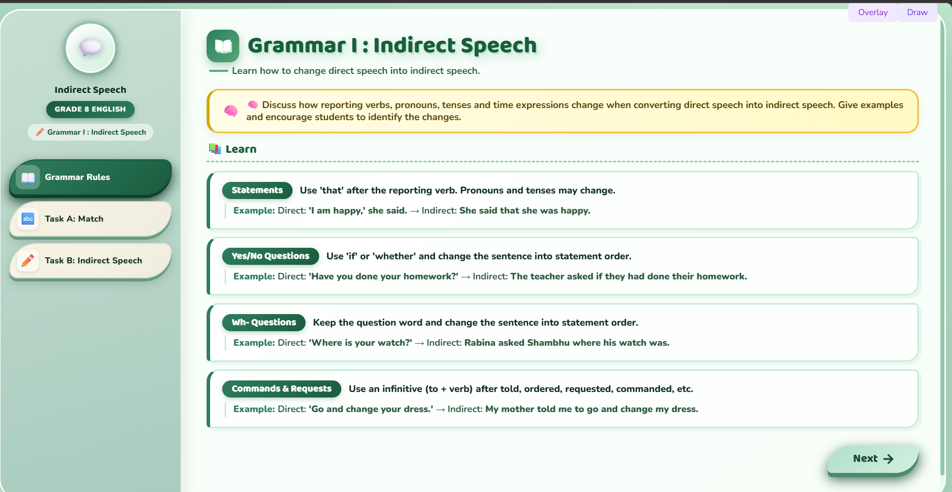 Grammar I :  indirect speech.