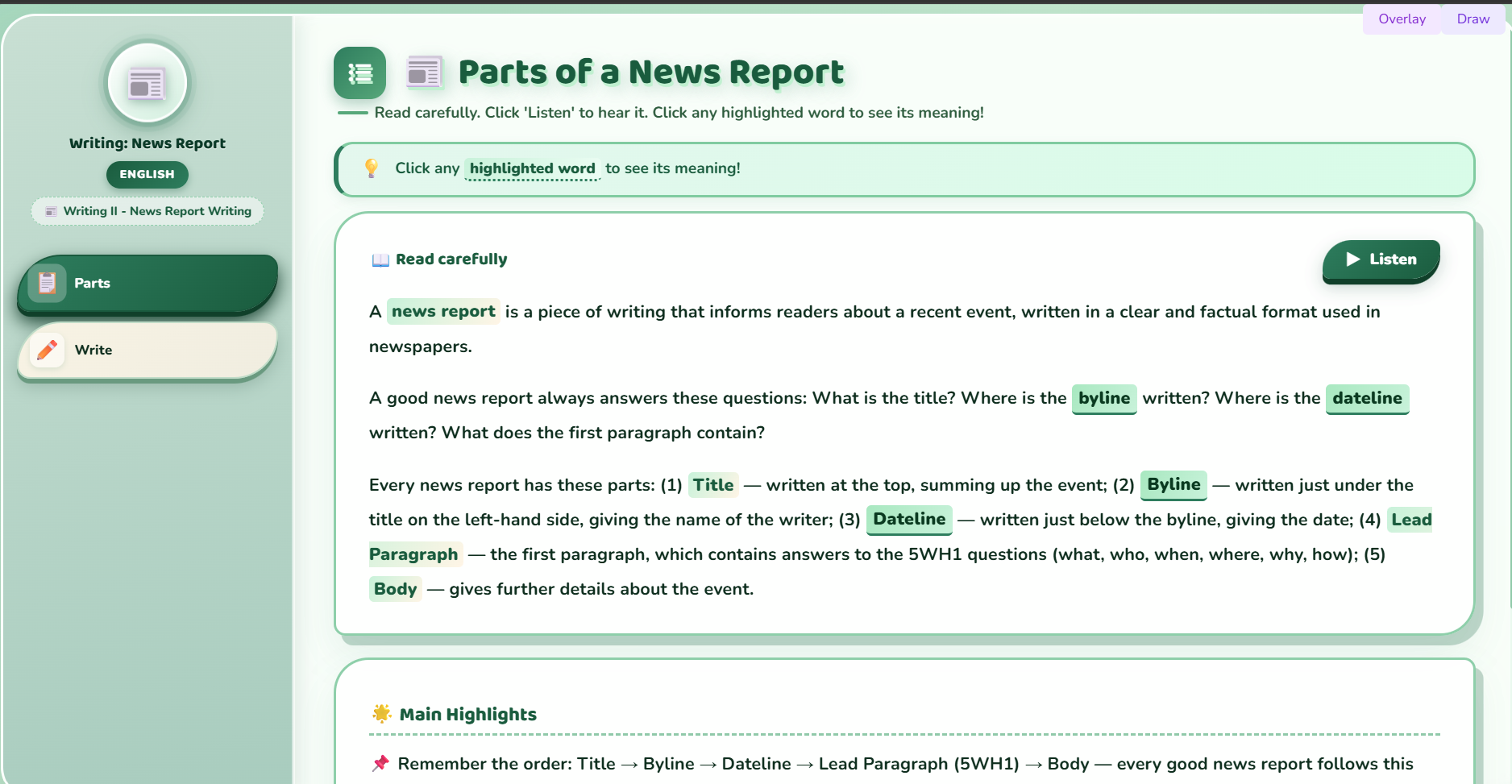Writing II : a news report using the given clues.