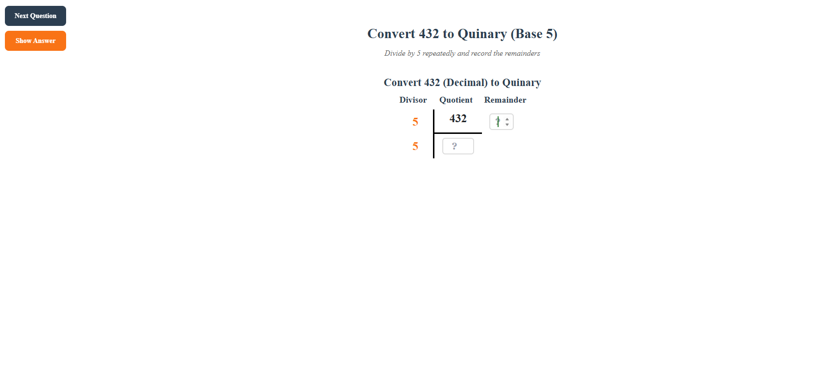 Conversion from Decimal number system into quinary number